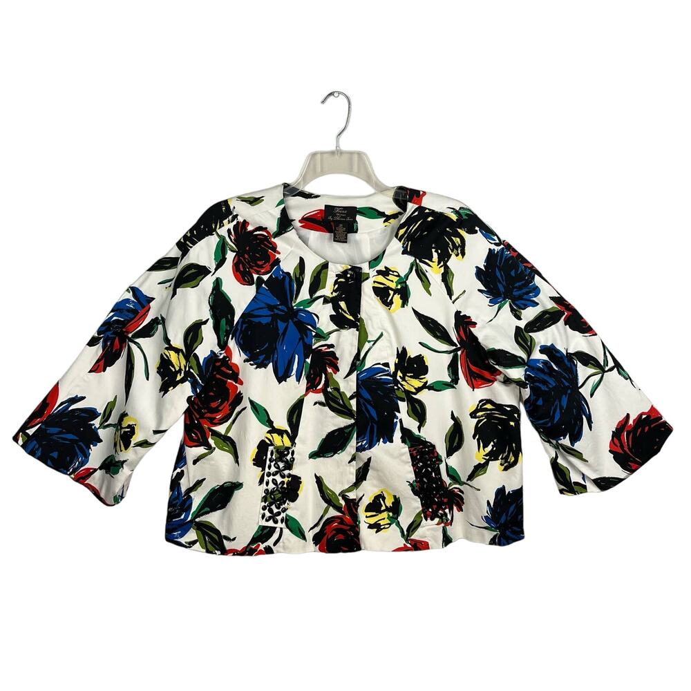 TRENZ (by Theresa Renz) Multi Colored Floral Beaded Cotton Blend Jacket Women 2X